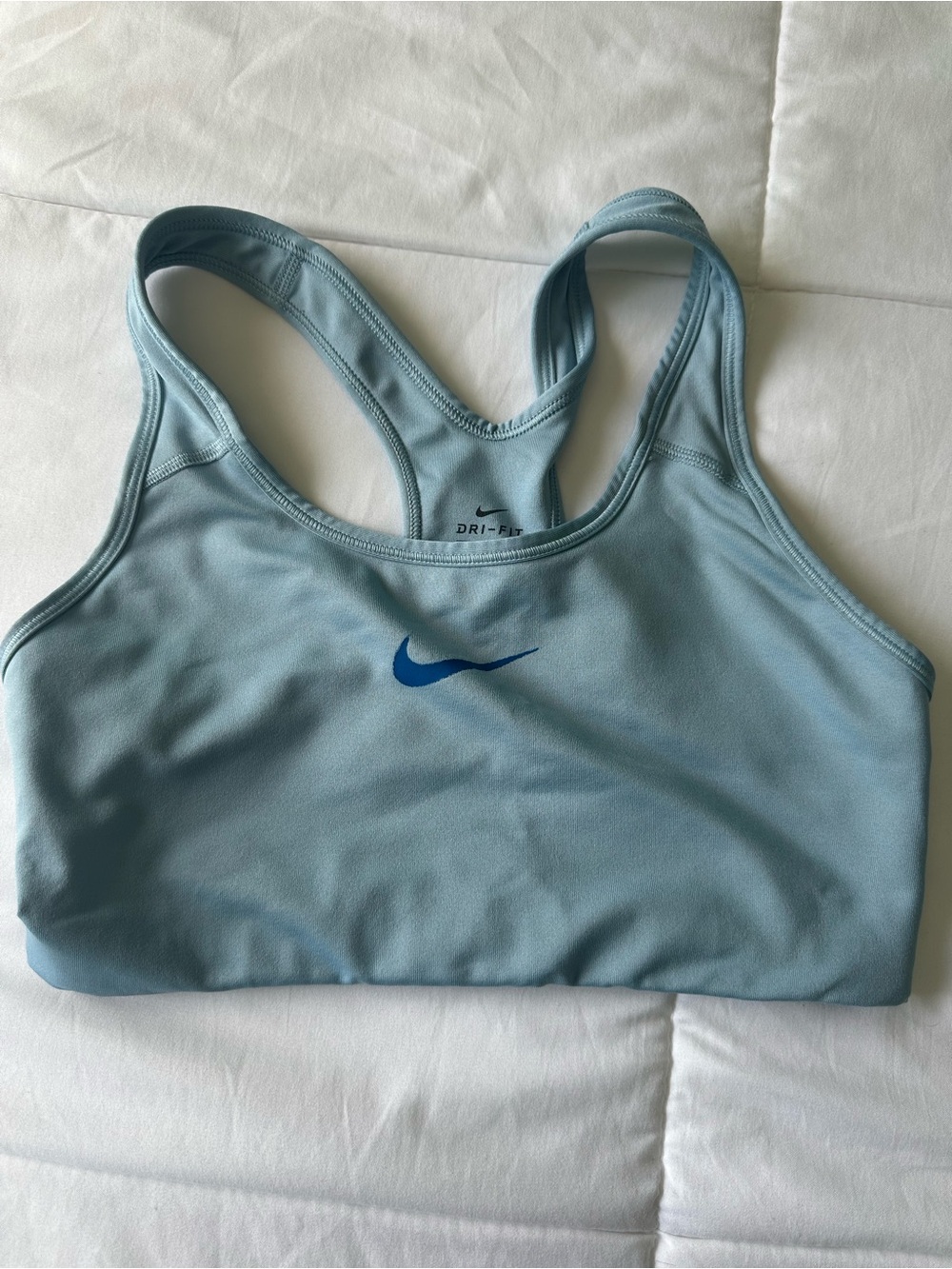 Nike Light Blue Dri-FIT Racerback Sports Bra with Blue Swoosh